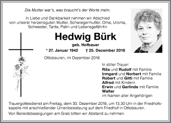Traueranzeige von Hedwig Bürk von Memminger Zeitung