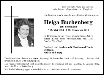 Traueranzeige von Helga Buchenberg von Allgäuer Anzeigeblatt