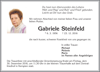 Traueranzeige von Gabriele Steinfeld von Allgäuer Zeitung,Kempten