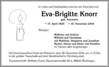 Traueranzeige von Eva-Brigitte Knorr von Allgäuer Zeitung,Kempten