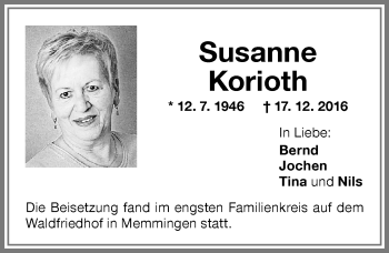 Traueranzeige von Susanne Korioth von Memminger Zeitung