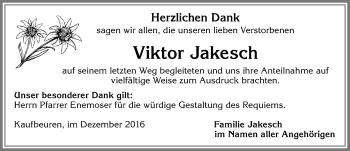 Traueranzeige von Viktor Jakesch von Allgäuer Zeitung, Kaufbeuren/Buchloe