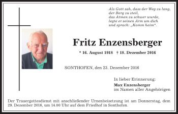 Traueranzeige von Fritz Enzensberger von Allgäuer Anzeigeblatt