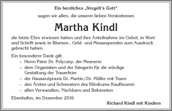 Traueranzeige von Martha Kindl von Allgäuer Zeitung, Marktoberdorf