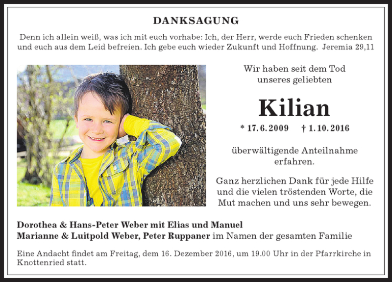  Traueranzeige für Kilian  vom 14.12.2016 aus Allgäuer Anzeigeblatt