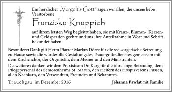 Traueranzeige von Franziska Knappich von Allgäuer Zeitung, Füssen