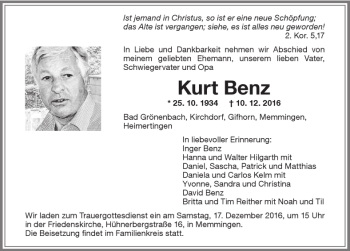 Traueranzeige von Kurt Benz von Memminger Zeitung