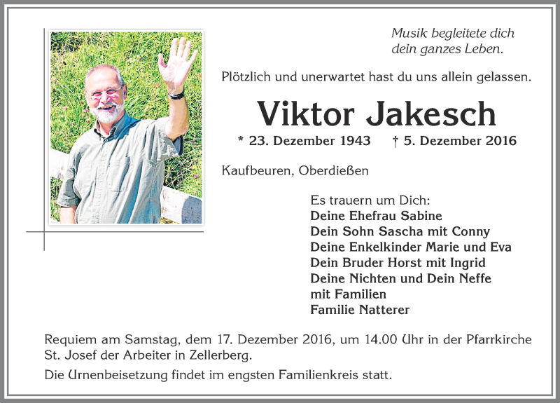  Traueranzeige für Viktor Jakesch vom 14.12.2016 aus Allgäuer Zeitung, Kaufbeuren/Buchloe