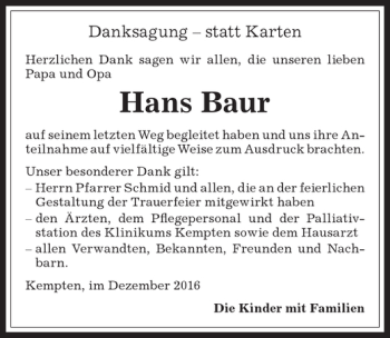 Traueranzeige von Hans Baur von Allgäuer Zeitung