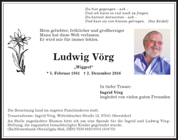 Traueranzeige von Ludwig Vörg von Allgäuer Anzeigeblatt