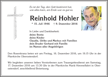 Traueranzeige von Reinhold Hohler von Allgäuer Zeitung, Kaufbeuren/Buchloe