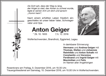 Traueranzeige von Anton Geiger von Memminger Zeitung