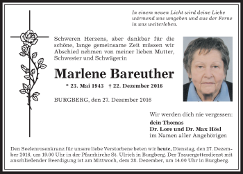 Traueranzeige von Marlene Bareuther von Allgäuer Anzeigeblatt