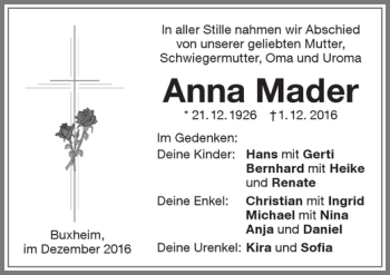 Traueranzeige von Anna Mader von Memminger Zeitung