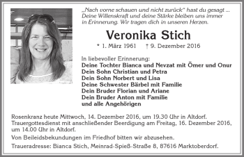 Traueranzeige von Veronika Stich von Allgäuer Zeitung
