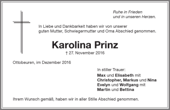 Traueranzeige von Karolina Prinz von Memminger Zeitung