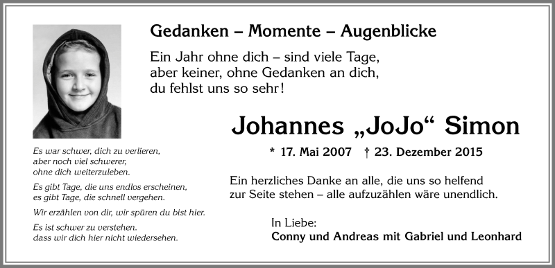  Traueranzeige für Johannes  Simon vom 23.12.2016 aus Allgäuer Zeitung, Marktoberdorf