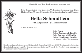 Traueranzeige von Hella Schmidtlein von Allgäuer Anzeigeblatt