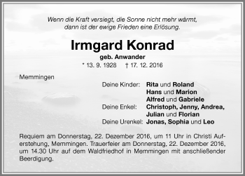 Traueranzeige von Irmgard Konrad von Memminger Zeitung