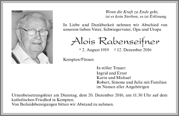 Traueranzeige von Alois Reibenseifner von Allgäuer Zeitung,Kempten