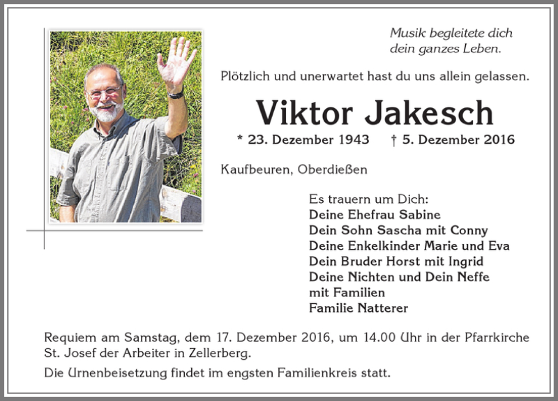 Traueranzeige für Viktor Jakesch vom 14.12.2016 aus Allgäuer Zeitung, Kaufbeuren/Buchloe