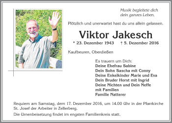 Traueranzeige von Viktor Jakesch von Allgäuer Zeitung, Kaufbeuren/Buchloe