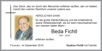 Traueranzeige von Beda Fichtl von Allgäuer Zeitung, Füssen