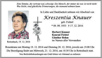Traueranzeige von Kreszentia Knauer von Allgäuer Zeitung, Marktoberdorf