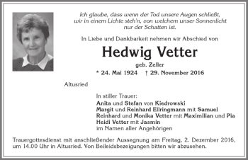 Traueranzeige von Hedwig Vetter von Allgäuer Zeitung,Kempten