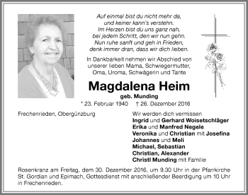Traueranzeige von Magdalena Heim von Memminger Zeitung