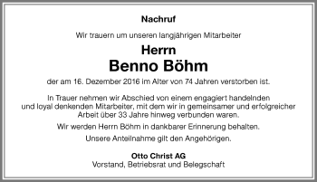 Traueranzeige von Benno Böhm von Memminger Zeitung