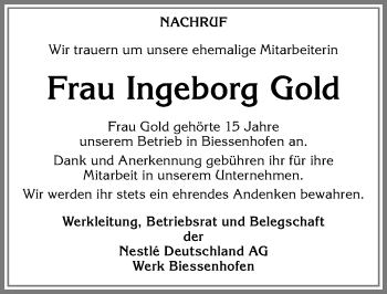 Traueranzeige von Ingeborg Gold von Allgäuer Zeitung