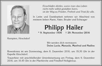 Traueranzeige von Philipp Haller von Allgäuer Zeitung,Kempten