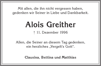 Traueranzeige von Alois Greither von Allgäuer Zeitung,Kempten
