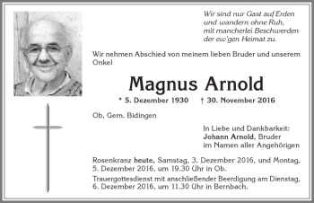 Traueranzeige von Magnus Arnold von Allgäuer Zeitung, Marktoberdorf