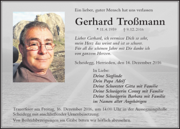 Traueranzeige von Gerhard Troßmann von Der Westallgäuer