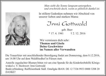 Traueranzeige von Irmi Gottwald von Allgäuer Zeitung, Füssen