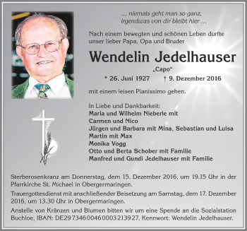 Traueranzeige von Wendelin Jedelhauser von Allgäuer Zeitung, Kaufbeuren/Buchloe