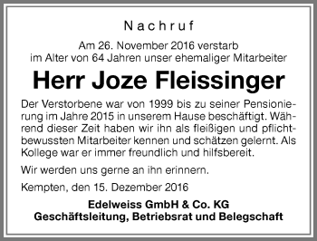 Traueranzeige von Joze Fleissinger von Allgäuer Zeitung,Kempten