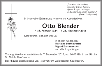 Traueranzeige von Otto Blender von Allgäuer Zeitung, Kaufbeuren/Buchloe