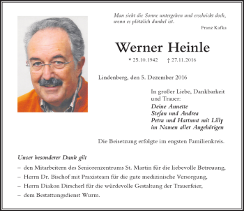 Traueranzeige von Werner  Heinle von Der Westallgäuer