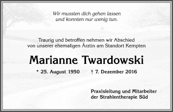 Traueranzeige von Marianne Twardowski von Allgäuer Zeitung,Kempten