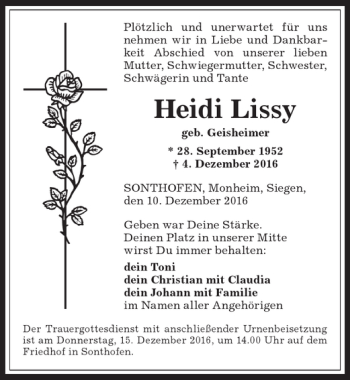 Traueranzeige von Heidi Lissy von Allgäuer Anzeigeblatt