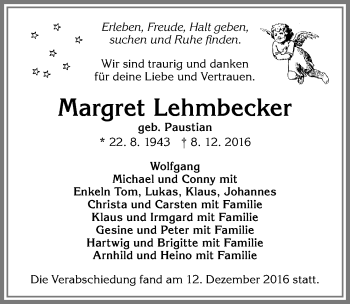 Traueranzeige von Margret Lehmbecker von Allgäuer Zeitung,Kempten