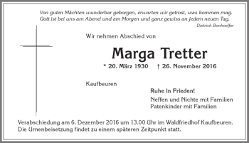 Traueranzeige von Marga Tretter von Allgäuer Zeitung, Kaufbeuren/Buchloe
