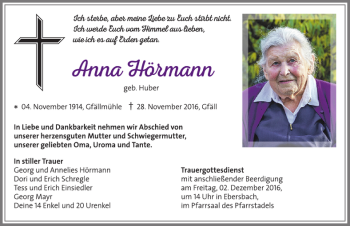 Traueranzeige von Anna Hörmann von Allgäuer Zeitung, Marktoberdorf