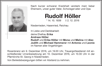 Traueranzeige von Rudolf Höller von Memminger Zeitung