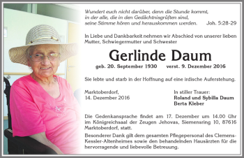 Traueranzeige von Gerlinde Daum von Allgäuer Zeitung, Marktoberdorf