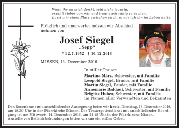 Traueranzeige von Josef Siegel von Allgäuer Anzeigeblatt