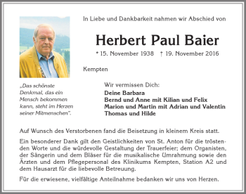 Traueranzeige von Herbert Paul Baier von Allgäuer Zeitung,Kempten